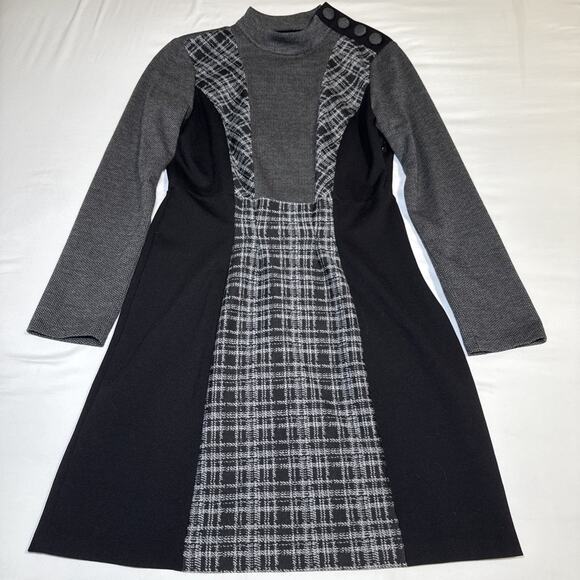 Vince Camuto 8 Black Gray Mixed Media Plaid Dress Stretch Knit Long Sleeve EUC - Picture 1 of 16